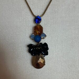 J. Crew Long Pendant Statement Necklace blue black amber gold tone snake chain